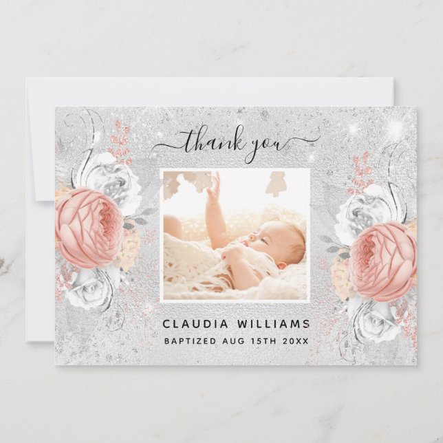 Baptism silver rose gold florals photo girl thank you card (Back)
