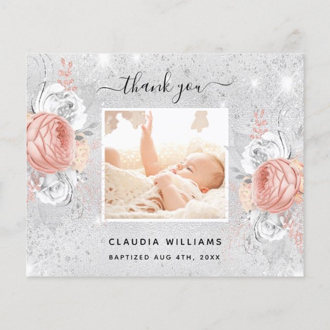Baptism silver rose gold photo thank you card (Back)