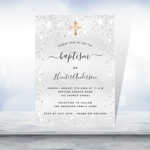 Baptism silver sparkle gold cross adult  invitation