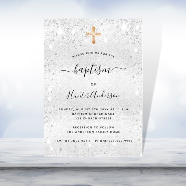 Baptism silver sparkle gold cross adult  invitation (Creator Uploaded)