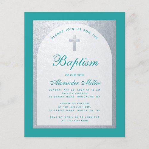 Baptism Silver Teal Blue Budget Boy Invitation