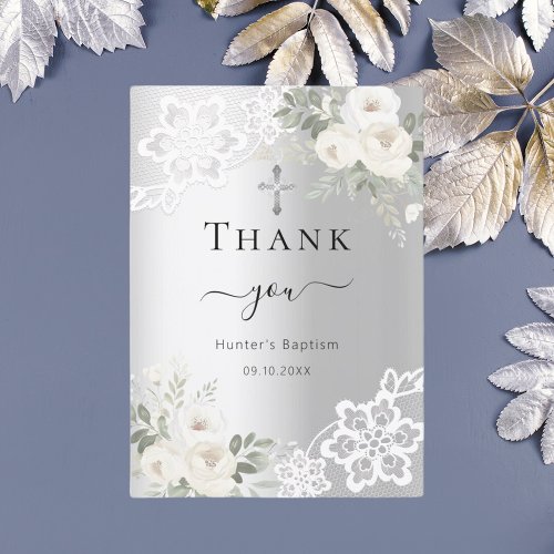 Baptism silver white floral lace thank you card