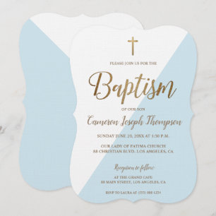 Baptism Simple Blue White Gold Modern Scalopped Invitation