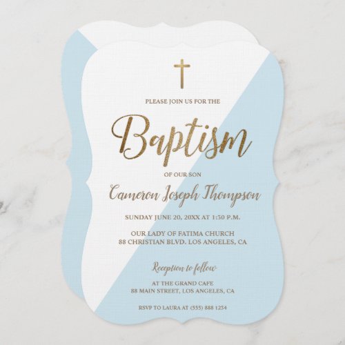 Baptism Simple Blue White Gold Modern Scalopped Invitation