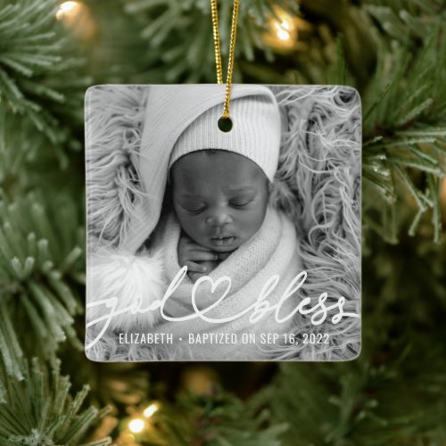 Baptism Simple Elegant Modern Heart Baby Photo Ceramic Ornament