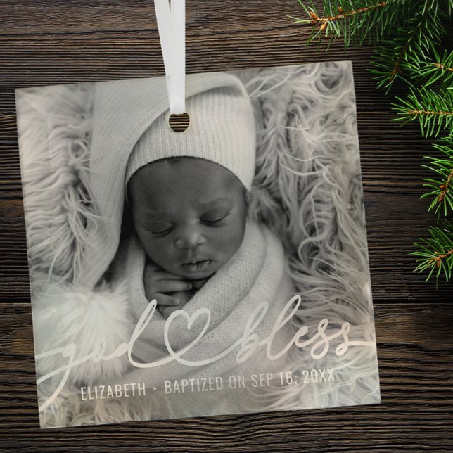 Baptism Simple Elegant Modern Heart Baby Photo Glass Ornament (Creator Uploaded)