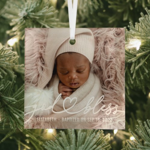 Baptism Simple Elegant Modern Heart Baby Photo Glass Ornament