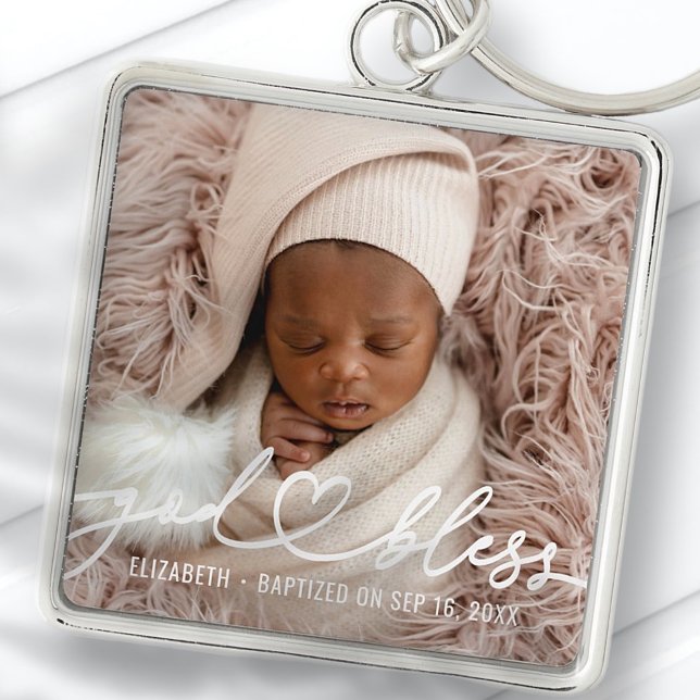 Baptism Simple Elegant Modern Heart Baby Photo Keychain (Creator Uploaded)