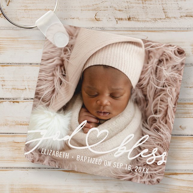 Baptism Simple Elegant Modern Heart Baby Photo Keychain (Creator Uploaded)