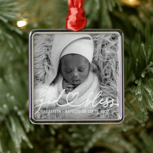 Baptism Simple Elegant Modern Heart Baby Photo Metal Ornament