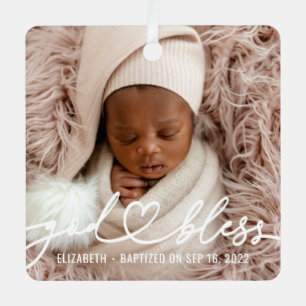 Baptism Simple Elegant Modern Heart Baby Photo Metal Ornament
