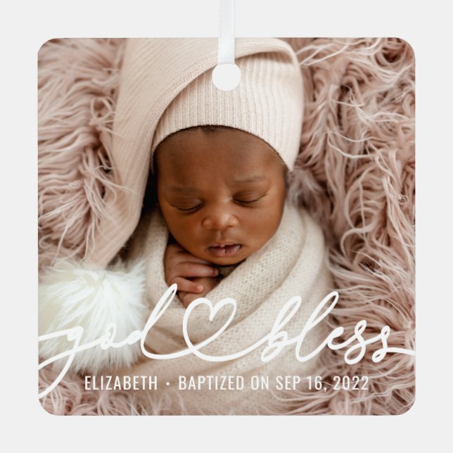 Baptism Simple Elegant Modern Heart Baby Photo Metal Ornament (Front)