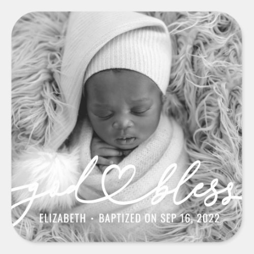 Baptism Simple Elegant Modern Heart Baby Photo Square Sticker