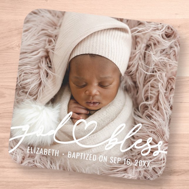 Baptism Simple Elegant Modern Heart Baby Photo Square Sticker (Creator Uploaded)