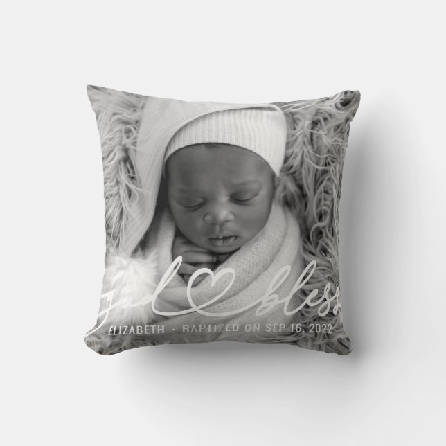Baptism Simple Elegant Modern Heart Baby Photo Throw Pillow (Front)