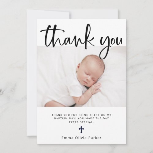 Baptism  Simple Minimal Black and White and Photo Thank You Card