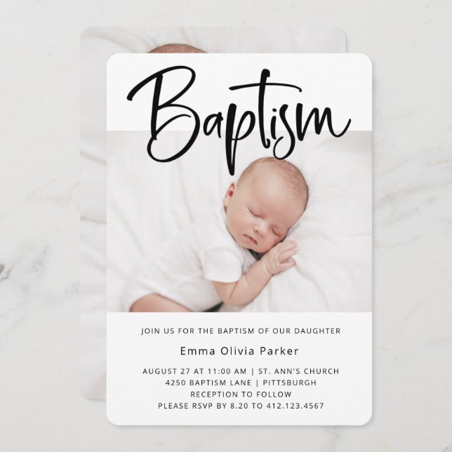Baptism | Simple Minimal Black and White Two Photo Invitation (Front/Back)