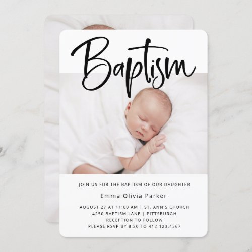 Baptism  Simple Minimal Black and White Two Photo Invitation