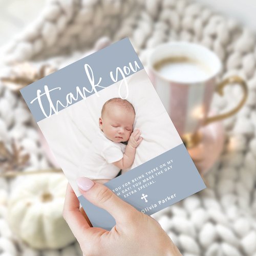Baptism  Simple Minimal Blue with Photo Thank You Card