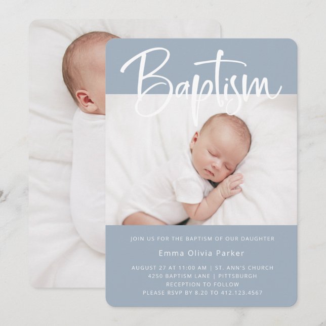 Baptism | Simple Minimal Blue with Two Photos Invitation (Front/Back)