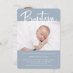 Baptism Simple Minimal Blue with Two Photos Invitation