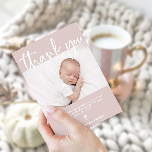 Baptism  Simple Minimal Pink with Photo Thank You Card