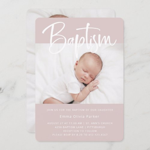 Baptism  Simple Minimal Pink with Two Photos Invitation