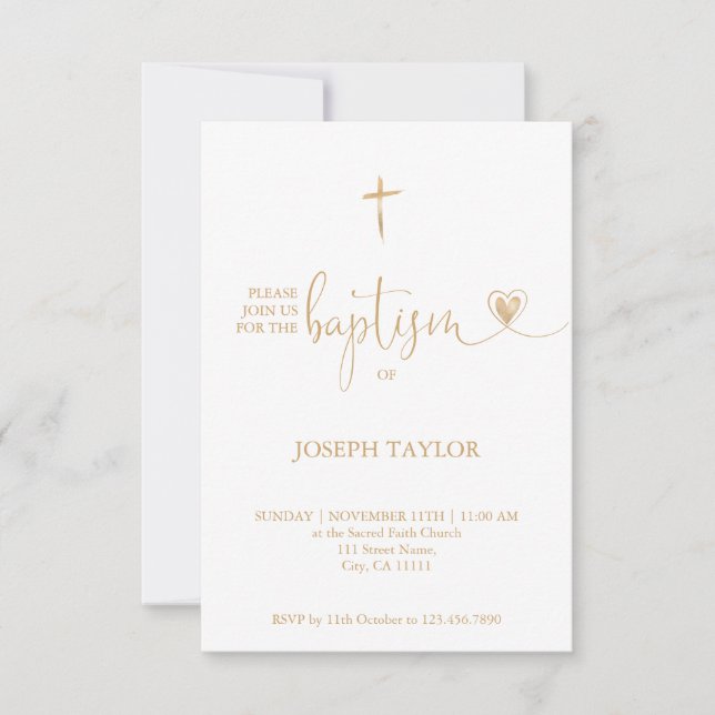 Baptism Simple Modern Cross Christening Gold Invit Invitation (Front)