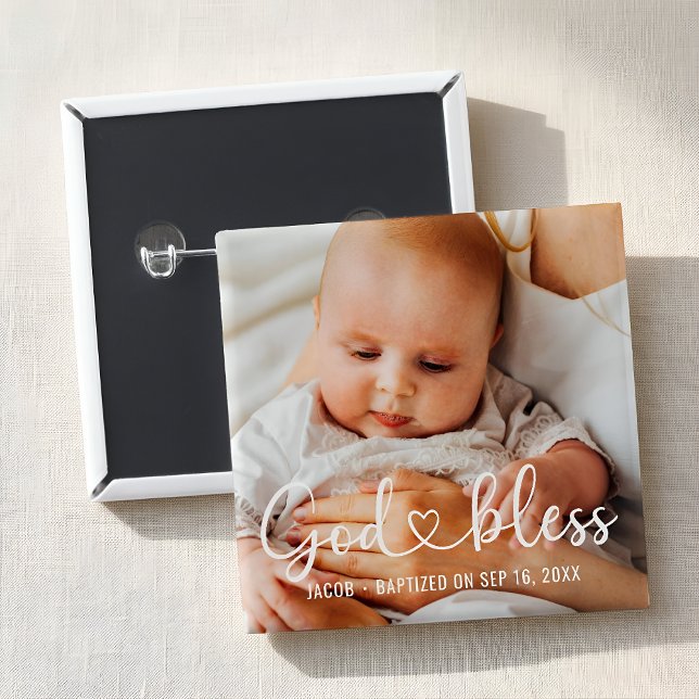 Baptism Simple Modern Heart Baby Photo Button (Creator Uploaded)