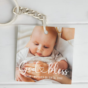 Baptism Simple Modern Heart Baby Photo Keychain