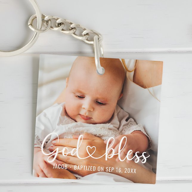 Baptism Simple Modern Heart Baby Photo Keychain (Creator Uploaded)