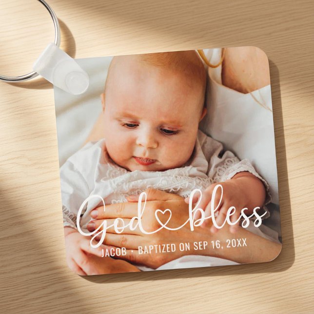 Baptism Simple Modern Heart Baby Photo Keychain (Creator Uploaded)