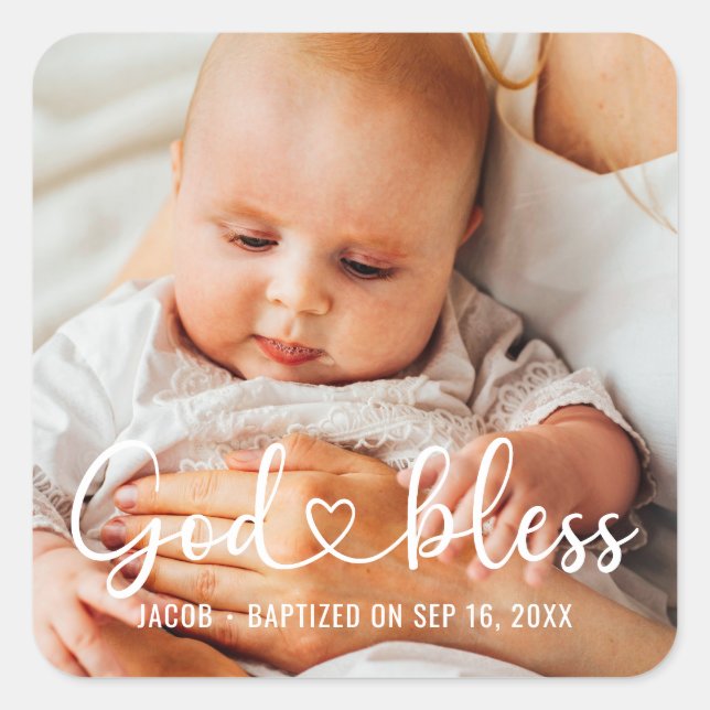 Baptism Simple Modern Heart Baby Photo Square Sticker (Front)