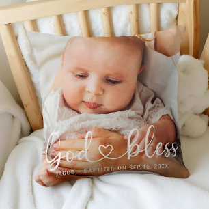 Baptism Simple Modern Heart Baby Photo Throw Pillow