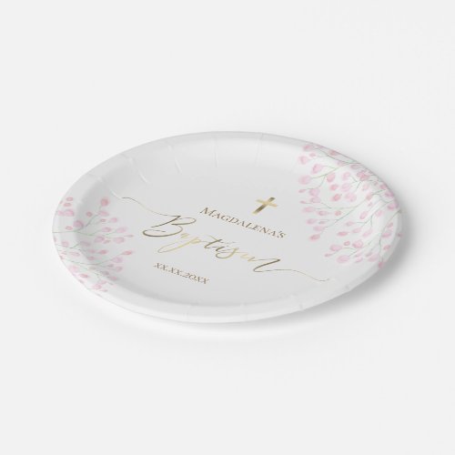 Baptism small pink flowers baby girl  paper plate