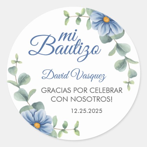 Baptism Spanish Bautismo Green Leaves Blue Flowers Classic Round Sticker