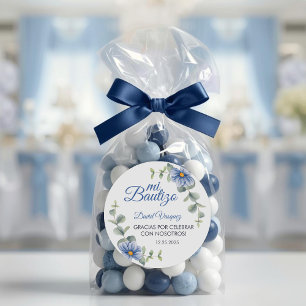 Baptism Spanish Bautismo Green Leaves Blue Flowers Classic Round Sticker