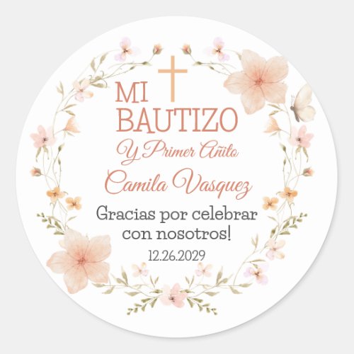 Baptism Sticker in Spanish with Cute Pink Flowers