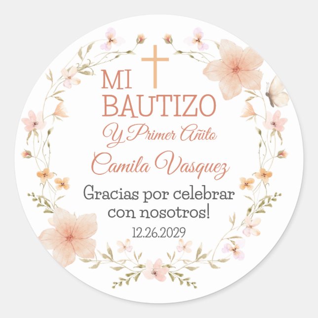 Baptism Sticker in Spanish with Cute Pink Flowers (Front)