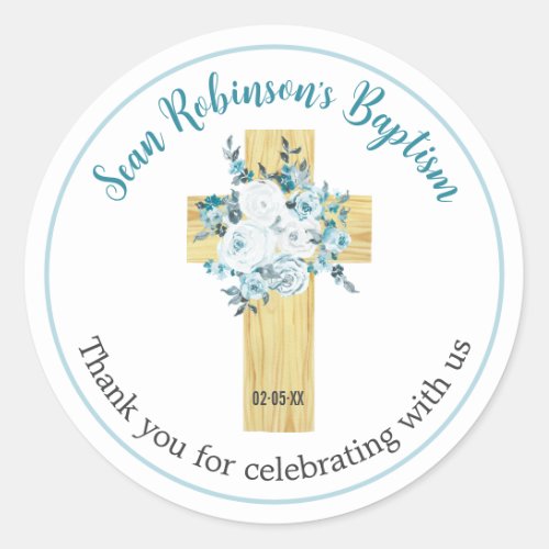 Baptism Stickers Boy Blue Floral Wooden Cross