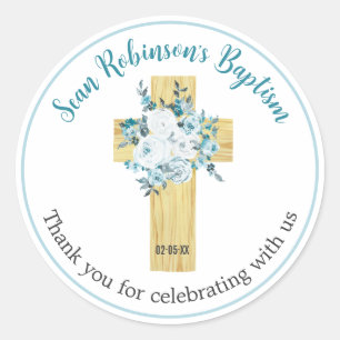 Baptism Stickers Boy Blue Floral Wooden Cross