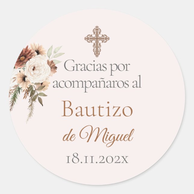 Baptism Stickers, Favor Label, in Spanish Classic Round Sticker (Front)