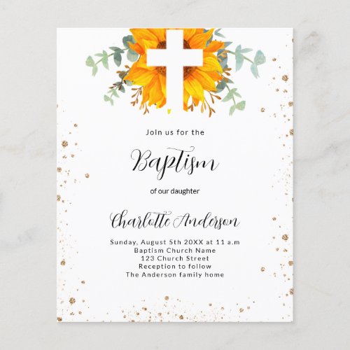 Baptism sunflower eucalyptus budget invitation flyer