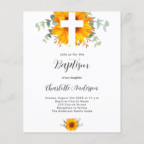 Baptism sunflower eucalyptus budget invitation flyer