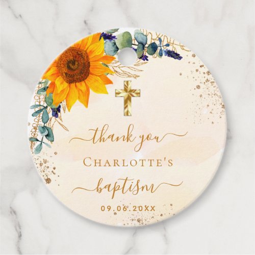 Baptism sunflower eucalyptus glitter thank you favor tags