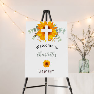 Baptism sunflowers eucalyptus cross welcome foam board