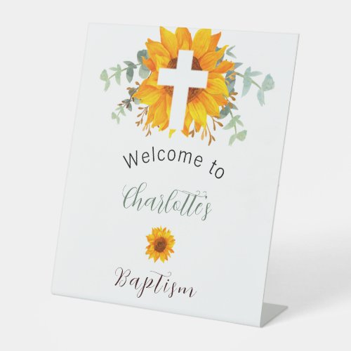 Baptism sunflowers eucalyptus cross welcome pedestal sign