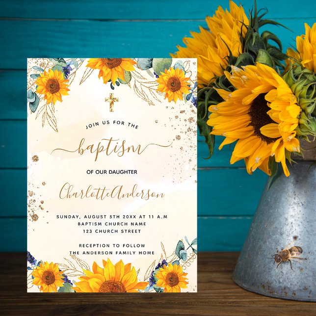 Baptism sunflowers eucalyptus gold glitter invitation (Creator Uploaded)