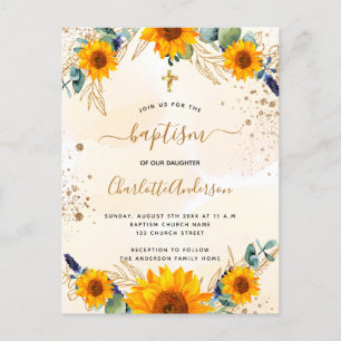 Baptism sunflowers eucalyptus gold glitter invitation postcard