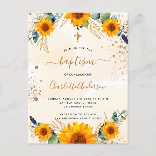 Baptism sunflowers eucalyptus gold glitter invitation postcard